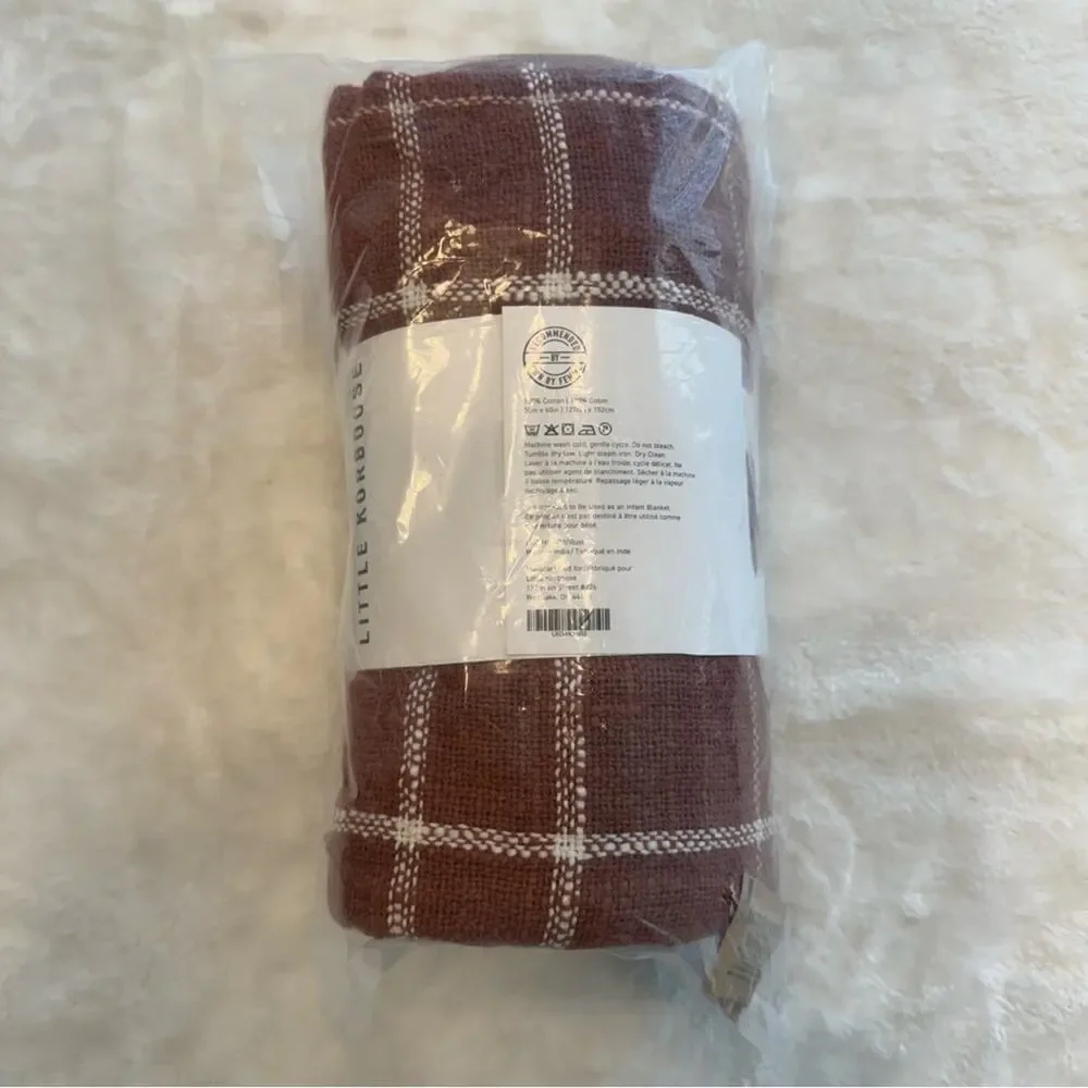 NWT Little Korboose 100% Cotton 50x60 Rust Orange Plaid Woven Knit Throw Blanket
